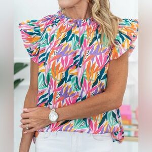 Rose Red Floral Print Ruffled Flutter Sleeve Blouse